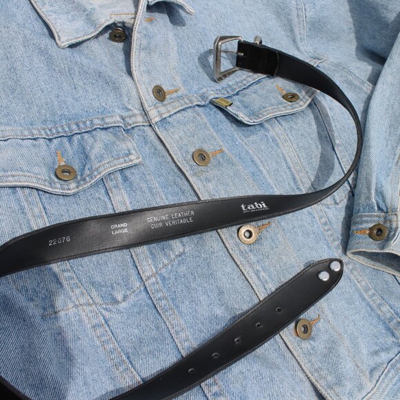 80s Vintage TABI Black Genuine Leather + Suede Silver Western Buckle Belt 32-36" - Picture 6 of 6